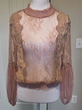 Sheer Lace Long-Sleeve Blouse Color is in Peach Tones Sz Large